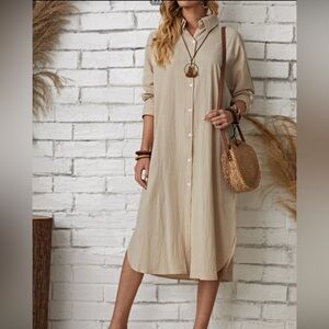 Beige Button-Up Shirt Dress